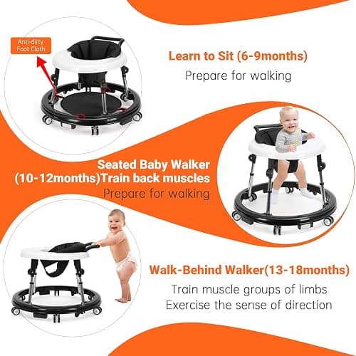 Baby Walker Foldable with 9 Adjustable Heights, Baby Walker with Wheels Portable, Infant Toddler Walker for Baby Boy Girls 6-18 Months (Black) thumbnail 5