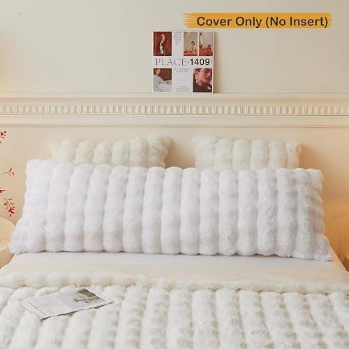 LIFEREVO Fluffy Faux Rabbit Fur Body Pillow Cover, Luxury Bubble Waffle Shaggy Plush Bed Body Pillowcase with Zipper Closure, Long 20"x54" Fuzzy Furry Pillow Case for Adults Kids Girls Teens, White thumbnail 2