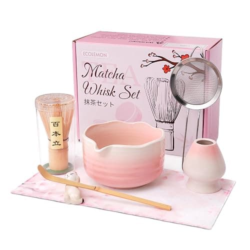 ECOLEMON 7-Piece Pink Matcha Set, 18oz Gradient Pink Sakura Matcha Bowl with Spout, Bamboo Whisk and Holder, Matcha Kit, Cute Macha Gift Set for Women & Matcha Lovers Starters, Mother's Day Gift - Image 1