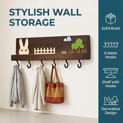 Raoletin Wooden Kids Coat Hooks Wall Mounted with 6 Hooks, No Drill Cute Bunny Woodland Theme Coat Rack, Glue-On Nursery Decor Hanger for Coats, Hats, Backpacks, Towels, Bedroom & Playroom thumbnail 5