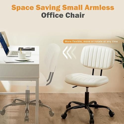 Sweetcrispy Small Office Computer Desk Chair with Wheels and Lumbar Support, Comfy Cute Armlees PU Leather Vanity Rolling Swuvel Task Chair No Arm for Adult, Student - Beige White thumbnail 6