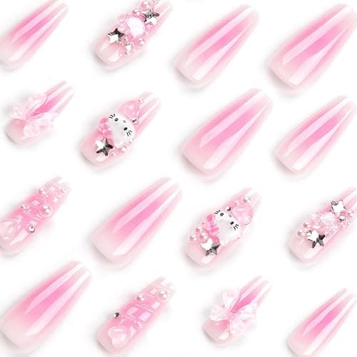 Long Square False Nails, French Press on Nails, Acrylic Stick on Nails, 24pcs Design Fake Nails with Glue Sticker for Women and Nail Tips Cool (Kitty-3, 24pcs) thumbnail 3