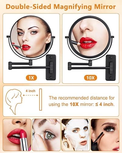 Wall Mounted Makeup Mirror - 1X/10X Magnifying Mirror for Wall, 8 Inch Double Sided 360° Swivel Extendable Bathroom Mirror for Shaving, Black DECLUTTR thumbnail 4