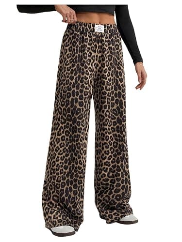RoseSeek Women's Leopard Print Wide Leg Pants Patched Elastic Waist Casual Loose Trousers - Image 1