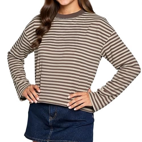 JINZIYINZI Women Striped Long Sleeve Baggy T Shirts Y2k Vintage Stripes | Oversized Boxy Tees Cropped Tops Stripped Sweatshirt Fall Preppy Teen Girl Clothes thumbnail 2