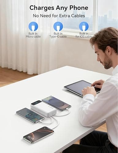 Nusyddy Portable Charger 20000mAh with 4 Built-in Cables & 6 Outputs White | High Capacity, PD20W Fast Charging, LED Display, Pass Through, 6-Devices-in-1, TSA Approved, Fits iPhone, iPad, Samsung thumbnail 7