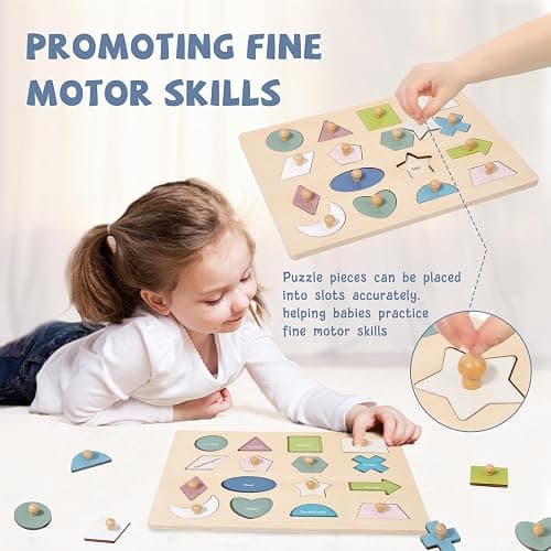 Adena Montessori Wooden Shape Peg 16 Piece Puzzle for Toddlers 2-4,Montessori Colorful Shapes Sorter Board,Geometric Color Matching Toys for Girls Boys 18-24 Months,Baby & Toddler Eearly Learning Gift thumbnail 4