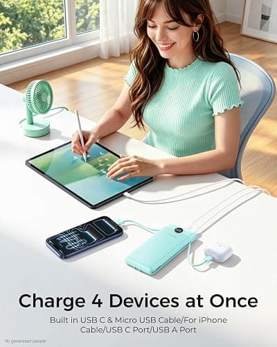 VEGER Portable Charger for iPhone, Power Bank Built in Cables and Wall Plug | 10000mAh,Ultra Slim&Compact,5 Outputs,LED Display,Power Bank for iPhone,Samsung,Travel Essentials for Camping Cruise Business thumbnail 3