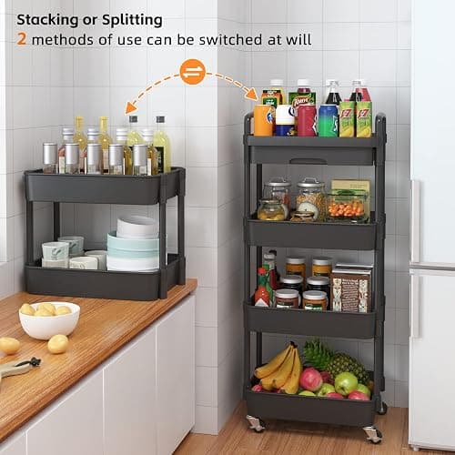 Calmootey 4-Tier Rolling Utility Cart with Drawer,Multifunctional Storage Organizer with Plastic Shelf & Metal Wheel,Storage Cart for Kitchen,Bathroom,Living Room,Office,Black thumbnail 7