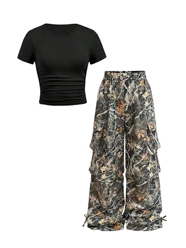 RoseSeek Girl's 2 Piece Summer Outfits Short Sleeve Ruched Basic Tess and Camo Cargo Pants Sets Trendy - Image 1
