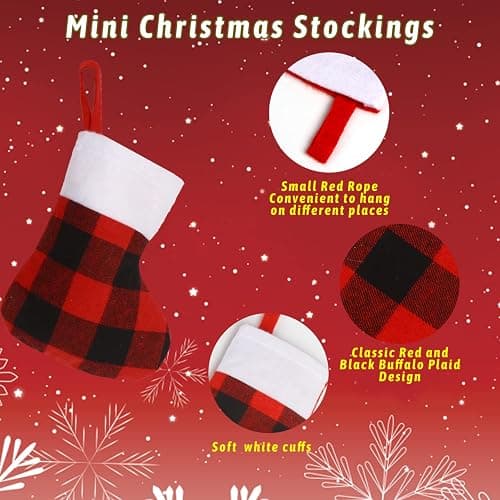 CCINEE 24 Pack Mini Christmas Stockings, 7” Red and Black Buffalo Plaid Xmas Stocking with Plush Cuff Small Hanging Stocking Decoration for Holiday Home Wall Fireplace Christmas Tree Decor thumbnail 5