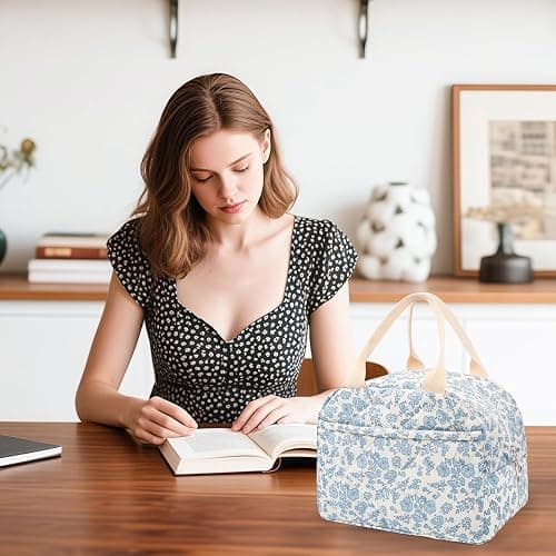 Cotton Quilted Insulated Lunch Bag, Cute Quilted Floral Lunch Tote Bags Reusable Insulated Lunch Box Coquette Aesthetic Large Capacity Insulated Cooler for Women Work Travel Picnic (Big Blue Flowers) - Big Blue Flowers thumbnail 4