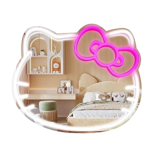 MCJSGSP Anime Hello Kit Mirror with Light Neon Signs for Wall Decor, Teen Girl Gift，Makeup Mirror neon Sign Room Decor (9.4 * 11.9 inch) - Image 1