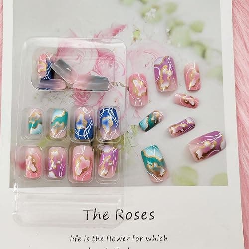 Press on Nails Medium Square Fake Nails Acrylic False Nails with Colorful Clouds Design Glossy Acrylic Nails Full Cover Glue on Nails for Women 24 Pcs thumbnail 3