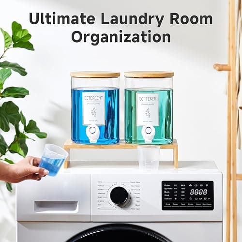 Glass Laundry Detergent Dispenser with Shelf & Bamboo Lid - 120 Oz Liquid Detergent, Laundry Soap & Fabric Softener Dispenser for Laundry Room Organization and Storage with 2 Cups & 8 Labels thumbnail 6