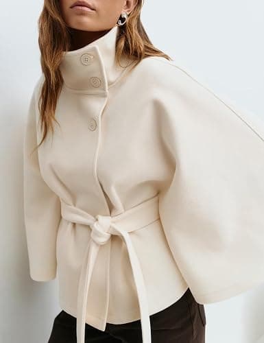 OPCAKM Women's Batwing Sleeve Poncho Coat Oversized Winter Pea Coat Stand Collar Cropped Cape Jacket with Belt thumbnail 2