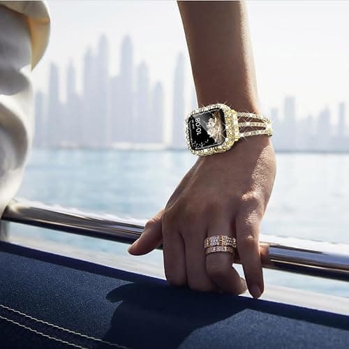 Surace Gold Apple Watch Bands 40mm for Women Series 6 5 4, Bling Diamond Rhinestone Link Bracelet with 2 in 1 Waterproof Bling Case Lace Edge Diamond Protective Bumper Face Cover, Gold thumbnail 9