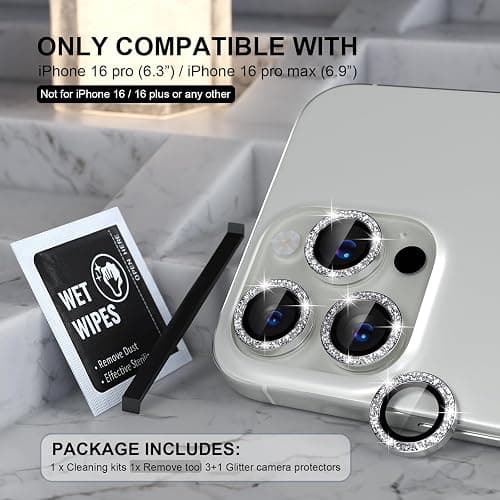 Choiche Compatible for iPhone 16 Pro/iPhone 16 Pro Max Camera Lens Protector Bling, 9H Tempered Glass Camera Cover Screen Protector Metal Ring Decoration Accessories (Glitter-Silver) thumbnail 2