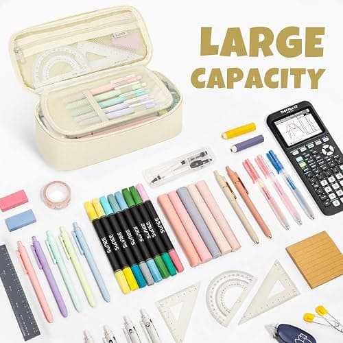 SUNEE Cute Pencil Case, Large Capacity Pencil Pouch, 900D Oxford Big Storage Office Organizer for Stationery, Zipper Pen Bag Makeup Bag, Back to School Supplies for Teen Girls Boys Women Men, Beige thumbnail 4