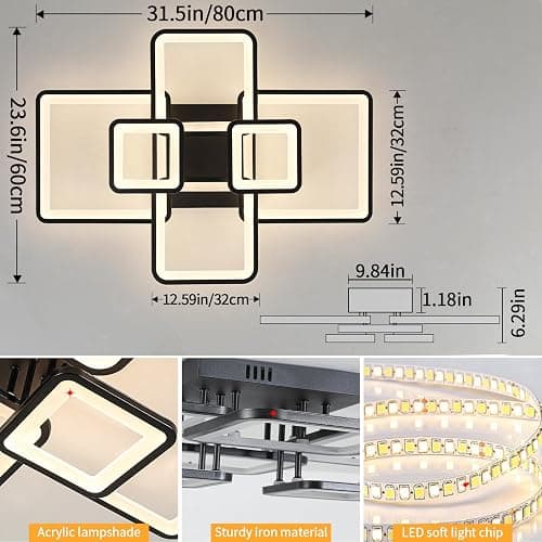 Shine LUEST Modern LED Ceiling Light Fixture Black Kitchen Lighting Fixtures Ceiling for Bedroom 31.5" Dimmable 6 Ring Square Ceiling Light for Kitchen with Remote Control for Living Room,Dining Room thumbnail 4