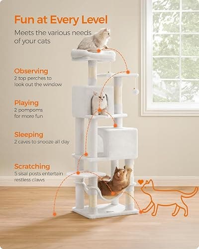 Feandrea Cat Tree, 59.5-Inch Tall Cat Tower, Plush Multi-Level Condo with 5 Scratching Posts, 2 Perches, 2 Caves, Hammock, 2 Pompoms, Cream White UPCT192T01 thumbnail 4
