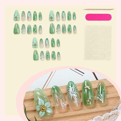 30Pcs Green Press on Nails Medium Almond Fake Nails with 3D Pearl Gold Beads Designs Stick on Nails 3D Flower Butterfly False Nails Spring Summer Acrylic Nails Silver Star Glue on Nails for Women thumbnail 6
