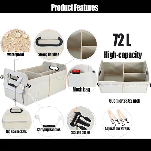 Zhiyanz Car Suv Trunk Organizer,Sturdy Storage Organizer for Car Accessories,Tools,Sundries.Upgraded 4 Carrying Handles,72L,Foldable,Waterproof,Multi Compartment,2 Straps for Fixation (Beige) thumbnail 3