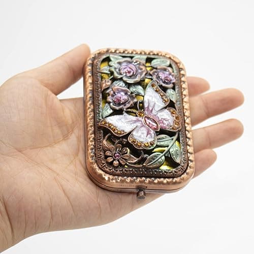 Warmtree Vintage Makeup Mirror Metal Portable Foldable Mirror Butterfly Vanity Mirror Double Sided Compact Cosmetic Mirror Travel Mirror (A) thumbnail 3