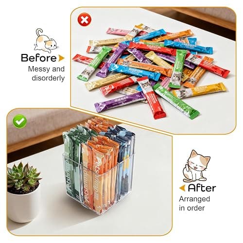 Lickable Cat Treats Organizer, Lazy Susan Acrylic Squeeze Up Cat Treats Storage Organizer with 4 Compartments, Wet Cat Food Storage Container for Kitchen Cabinet Pantry Shelf Countertop（Square） thumbnail 5