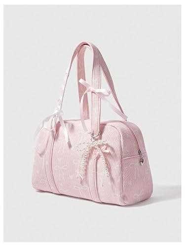 RoseSeek Women's Y2K Corduroy Bow Print Shoulder Bag Heart Zipper Double Handle Underarm Preppy Uniform Bags thumbnail 4