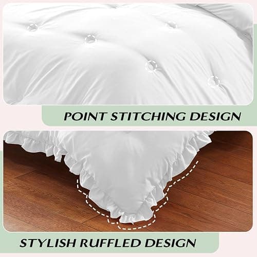 HARBOREST Full Comforter - White Ruffle Comforter for Full Size Bed, Fluffy Comforter Set for All Seasons, 3 Pieces Shabby Chic Bedding Set(1 Comforter & 2 Pillow Shams) thumbnail 5