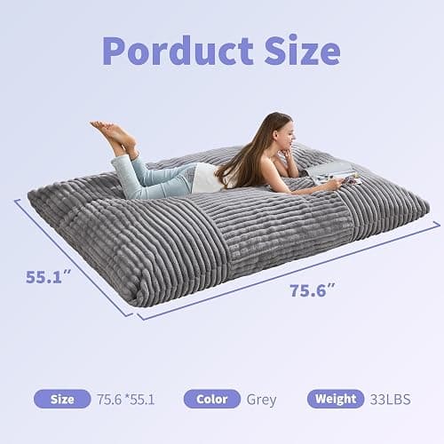 Hobestluk 3 in 1 Bean Bag Chair Giant Bean Bag Chairs Convertible Bean Bag Floor Cushion with Machine Washable Cover, Beanbag Chairs for Adult (Grey) thumbnail 2