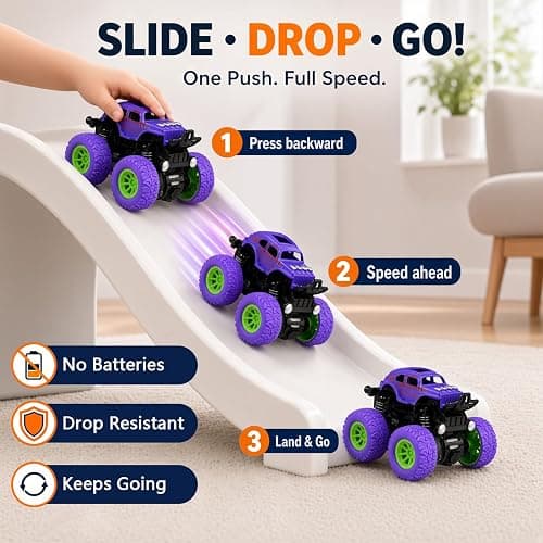 Monster Trucks for Boys, 4 Pack Pull Back Vehicles Cars for Toddlers, 360° Rotation 4 Wheels Drive Durable Friction Cars Powered Push and Go Toys Truck Playset Gift for 3 4 5 6 7 8 Year Old Kids Girls thumbnail 8
