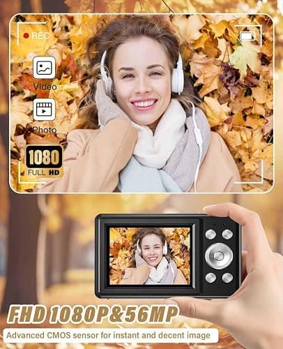 2025 New Digital Camera, 56MP FHD 1080P for Kids with 16x Digital Zoom Anti Shake, Face Detect, Smile Capture, 32GB TF Card, Battery, Lanyard, a Great Gift for Boys & Girls（Black） thumbnail 3