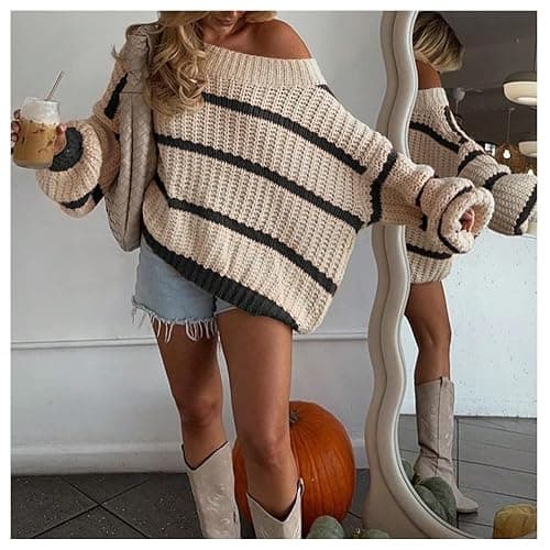 Verdusa Women‘s Off The Shoulder Sweater Striped Color Block Chunky Oversized Cozy Sweaters Winter Clothing thumbnail 4