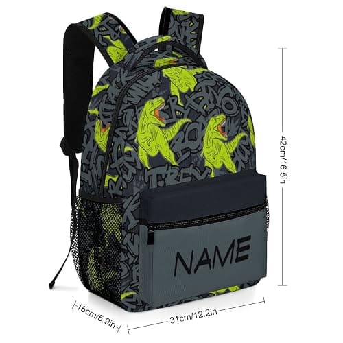 Aicihert Custom Green Dinosaur Roar Backpack Personalized Name Text Backpack Daypacks Customized BookBags School Bag for Student Boys Girls thumbnail 3