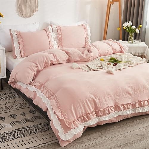 Koudi Pink Ruffled Duvet Cover Set Full Size Shabby Chic White Ruffle Fringe Comforter Cover Solid Color Vintage Farmhouse Bedding Set Soft Microfiber with Zipper Ties thumbnail 2