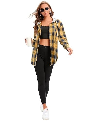 Women's Plaid Flannel Shirts Hoodie Long Sleeve Oversized Shirt Jacket Button Down Blouse Tops thumbnail 7