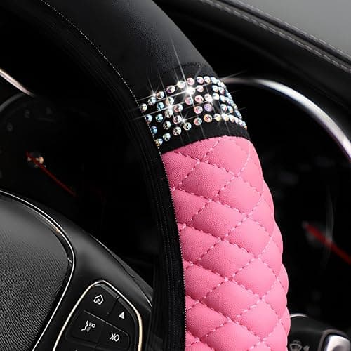 Osilly Bling Car Steering Wheel Cover, 15 Inch Rhinestones Soft Leather Elastic Steering Wheel Protector, Sparkly Crystal Diamond for Women Girls, Car Interior Accessories for Most Cars (Pink) thumbnail 3