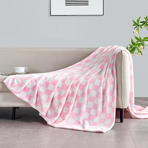 Edenleaf Pink Checkered Fleece Throw Blanket for Couch Warm Home Decor | Ultra Soft Cozy Fuzzy Blanket for Bed Sofa, Fluffy Lightweight Throw for Travel, Cute Holiday Gifts, All Seasons, 50"x60" thumbnail 4