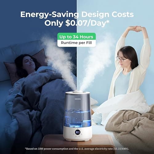 Homvana Humidifiers for Bedroom Home, 3.6 L Cool Mist Top-Fill 34H Super Long Time, Quiet 23dB, Baby Humidifier, Oil Diffuser for Large Room, Plants, Nursery, Office BPA FREE, 7 Color Light Ultrasonic thumbnail 7