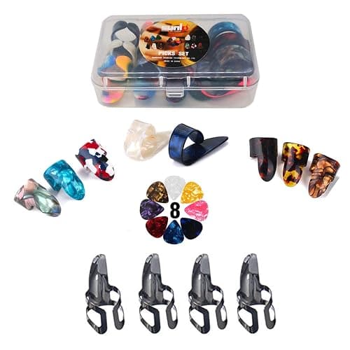 Thumb Finger Picks Plectrum With Plastic Case, SUNLP Stainless Steel Metal Celluloid Guitar thumb finger picks and Free 8pcs 0.46mm Guitar Picks For Mandolin Banjo Harp Thumb Finger Picks - Image 1