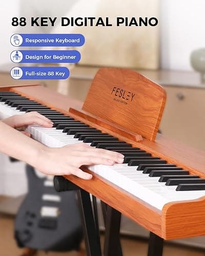 Fesley Weighted Piano Keyboard 88 Keys: Full Size Electric Keyboard Piano for Beginners, Portable 88 Key Keyboard with Daul Speaker,Sustain Pedal,Power Adapter,Support Bluetooth,USB MIDI,FEP300, Brown thumbnail 3