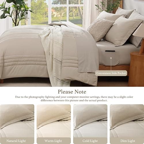 Queen Comforter Set-7 Pieces Beige Soft Bed in a Bag Queen Bedding Sets | Monbix All-Season Vertical Quilted Comforter with Sheets, Pillow Shams & Pillowcases thumbnail 6