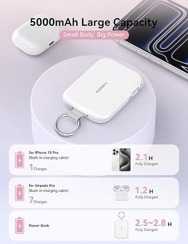 RORRY CharmGo Portable Charger, 5000mAh Power Bank with Built-in Cables | 20W,Keychain,Travel Essential,Battery Pack,USB-C,Compact,All in Mini,for iPhone18 Pro Max/17-15,for AirPods 3/4/Pro,for iPad thumbnail 3
