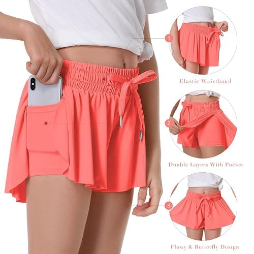 Girls Flowy Shorts Butterfly Shorts for Kids with Pocket 2-in-1 Athletic Shorts Running Shorts for Girls - Medium - Light Red# Girls thumbnail 3