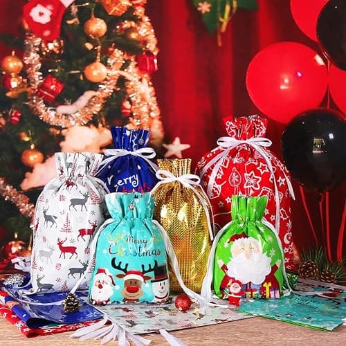HRX Package Holiday Drawstring Gift Bags, 30pcs Christmas Foil Gift Wrapping Sacks Pouches for Xmas Presents Party Favor (Large Medium Small) thumbnail 2