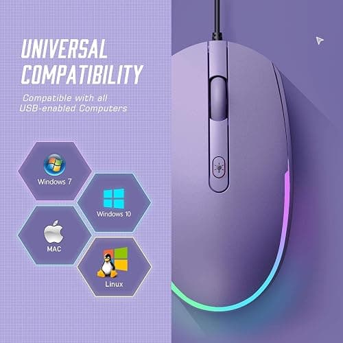 seenda Wired Mouse - USB Computer Mice Wired with RGB Backlit Optical LED Mouse with Attached USB Cord for Laptops Notebooks Chromebook - Purple thumbnail 6