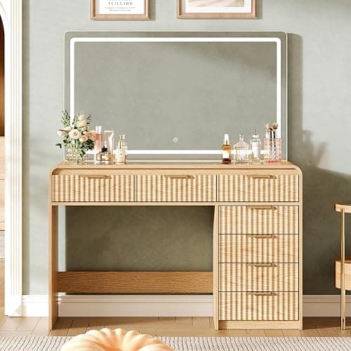 GRUTEUNIT 47“Makeup Vanity Desk with 44.8" Mirror and Lights, Vanity Desk with 7 Drawers, Makeup Vanity Table with a Glass Tabletop, 3 Color Modes & Adjustable Brightness Dressing Table, Bedroom,Oak thumbnail 8