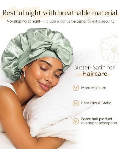 YANIBEST Adjustable Satin Bonnet for Sleeping, Double Layer Silk Bonnet with Tie Band for Women, Sleep Cap Curly Natural Hair, Green thumbnail 2